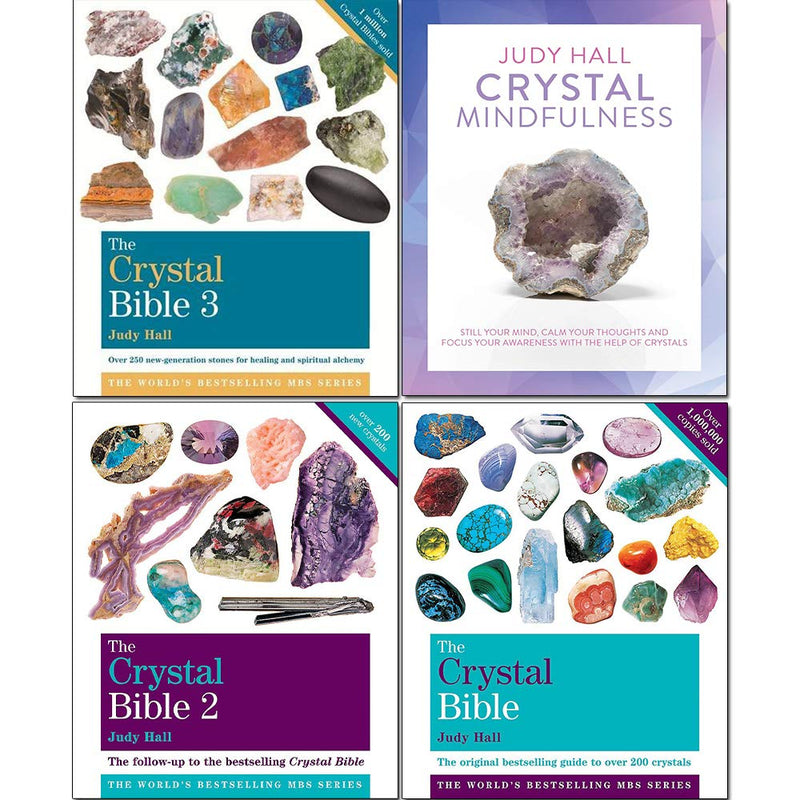 The Crystal Bible 4 Books Collection Set by Judy Hall, nonfiction paperback edition, featuring colorful crystal illustrations.
