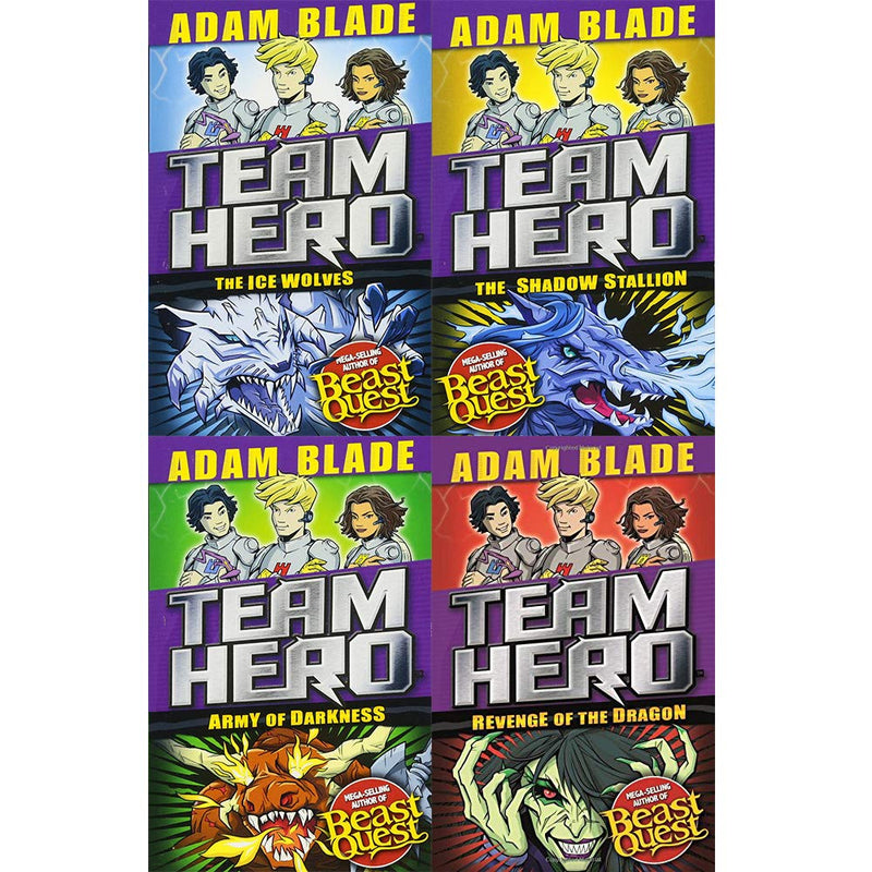Four paperback books from the Team Hero Series collection by Adam Blade, featuring young adult fantasy adventure stories.