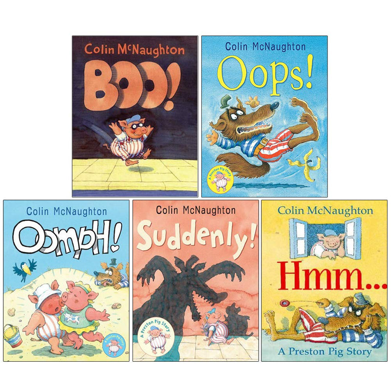 Set of five Colin McNaughton HarperCollins children's books featuring Preston Pig, including Boo, Oops, Oomph, Suddenly, and Hmm.
