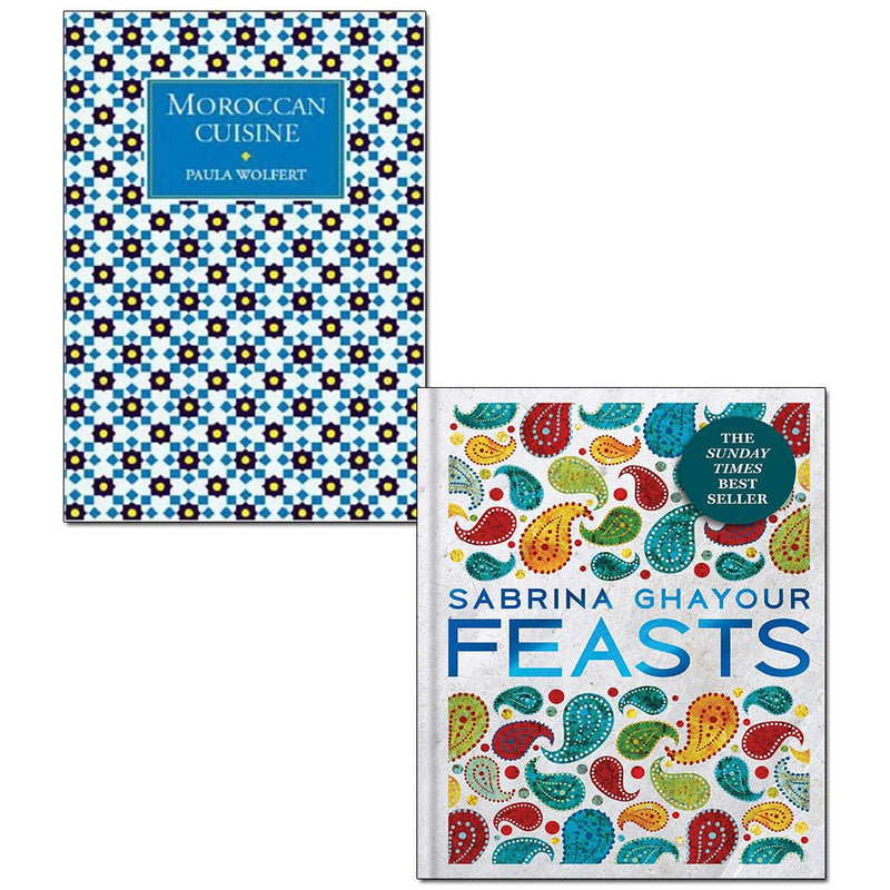 Moroccan Cuisine & Feasts book set by Sabrina Ghayour, featuring hardcover cookbooks with colorful Moroccan dishes and recipes.