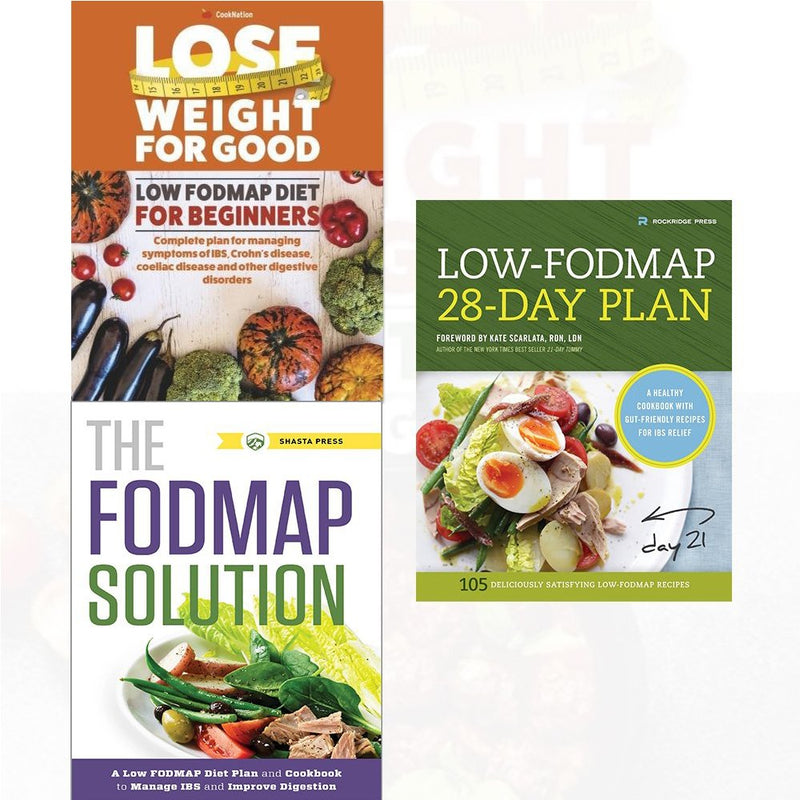 Three paperback books from the "Lose Weight For Good" Fodmap solution collection by Iota & Shasta Press, including the 28-day plan.