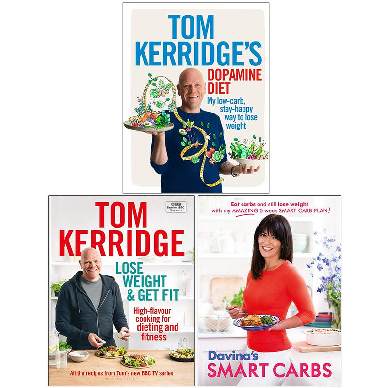 Set of five non-fiction books, including Tom Kerridge's Dopamine Diet and Davina Smart Carbs collection, in mixed formats.