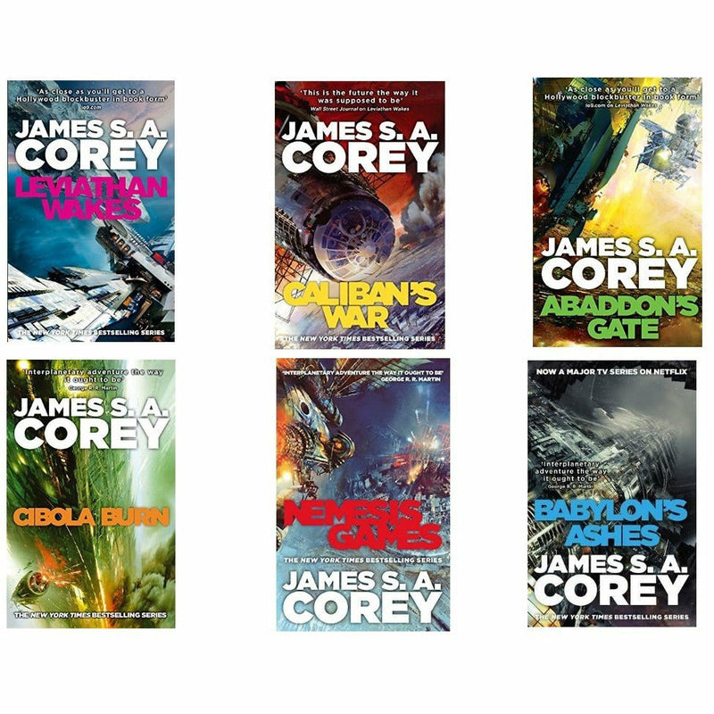 The Expanse Series 6 Books Collection Set by James S. A. Corey, paperback fiction books, stacked with space-themed covers.