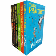Six paperback Terry Pratchett books including Bromeliad Trilogy and Johnny Maxwell Series collection, featuring colorful book covers.