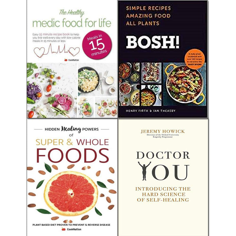 Collection of four non-fiction books by Iota Publishing, Jeremy Howick, and Henry Firth, featuring simple recipes and healing insights.