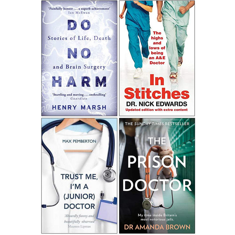 Collection of four paperback non-fiction books by Henry Marsh, including Do No Harm, In Stitches, Trust Me I’m a Junior Doctor, and The Prison Doctor.