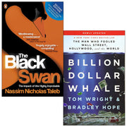 Two paperback books: The Black Swan and Billion Dollar Whale by Nassim Nicholas Taleb and Tom Wright, non-fiction collection set.