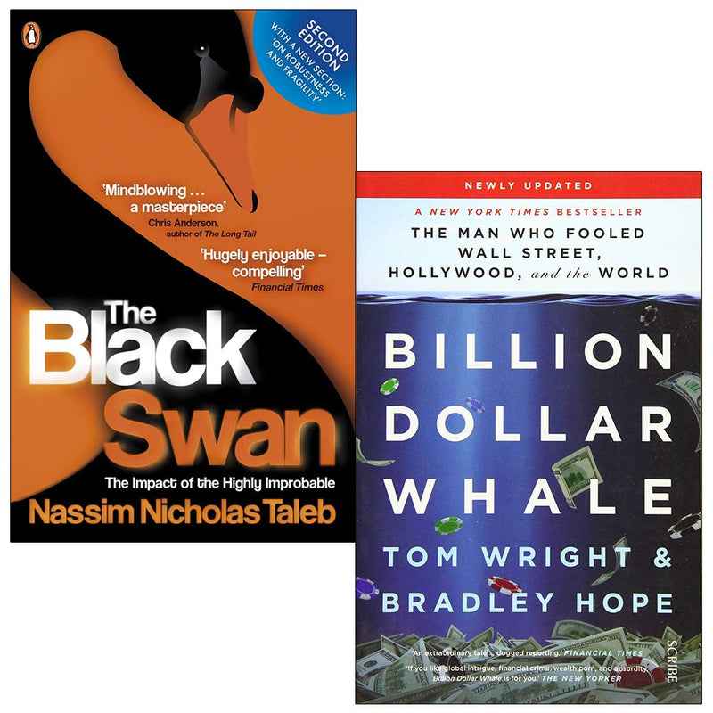 Two paperback books: The Black Swan and Billion Dollar Whale by Nassim Nicholas Taleb and Tom Wright, non-fiction collection set.