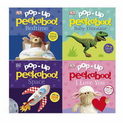 DK Pop-Up Peekaboo! 4-book set featuring space, baby dinosaur, and bedtime themes with colorful, interactive pop-up illustrations.