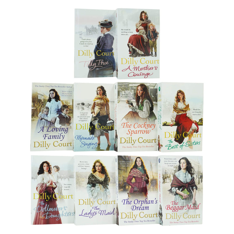 Set of 10 Dilly Court Tilly True, A Mother's Courage, A Loving Family paperback books in a collection, featuring fiction stories.