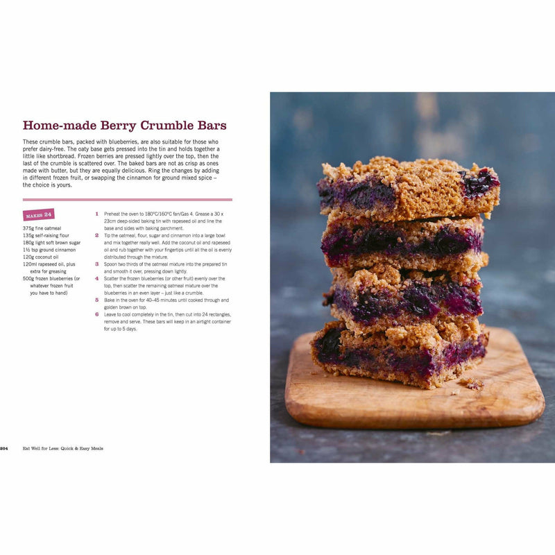 Paperback cookbook by Jo Scarratt-Jones titled "Eat Well for Less," featuring quick and easy meal recipes from BBC Books.