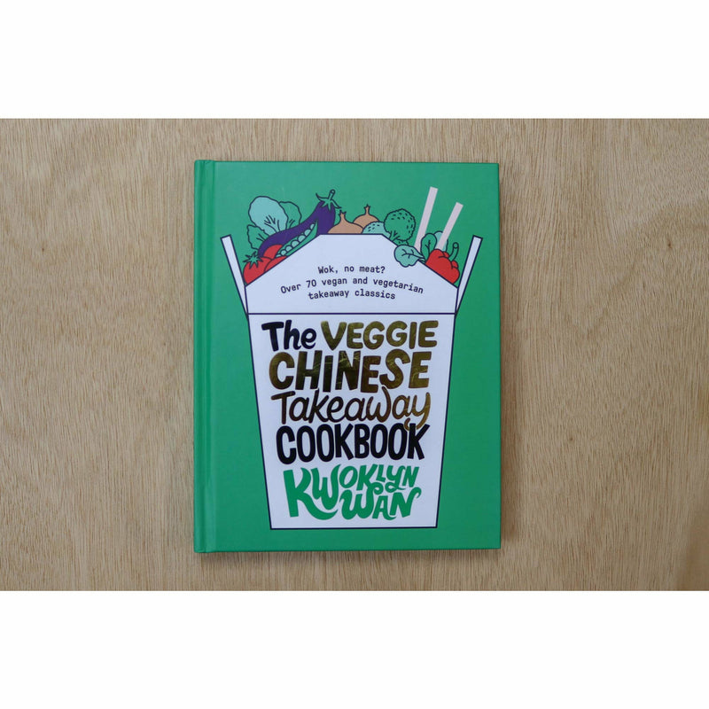 Hardback copy of The Veggie Chinese Takeaway Cookbook by Kwoklyn Wan featuring colorful dish images and Asian-inspired recipes