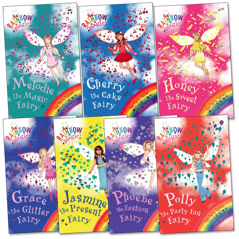 Rainbow Magic: The Party Fairies Collection 7-book box set by Daisy Meadows featuring colorful fairy paperback books.