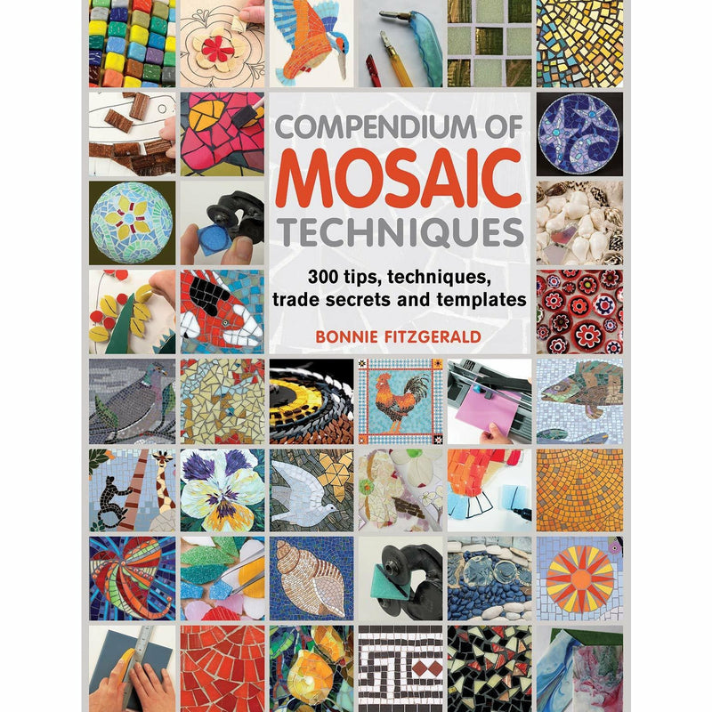 Open book titled "Compendium of Mosaic Techniques" by Bonnie Fitzgerald, showcasing mosaic tips, techniques, and templates.