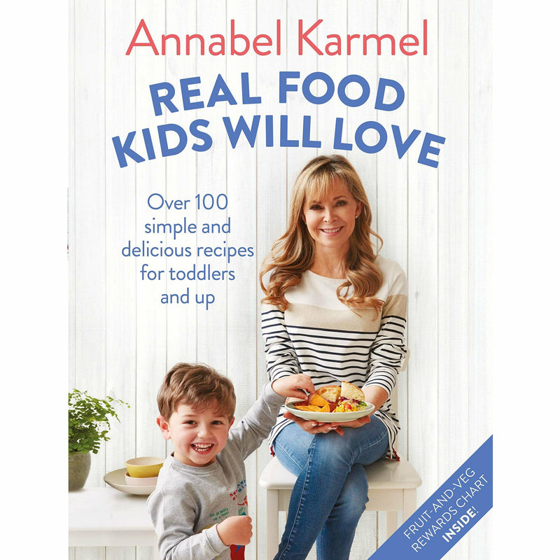 Set of two Annabel Karmel books on weaning and real food for kids, with colorful covers and mixed formats by DK and Bluebird publishers.