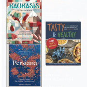 Set of three Kaukasis cookbook collection books by Sabrina Ghayour, featuring recipes for tasty and healthy dishes, published by Mitchell Beazley.
