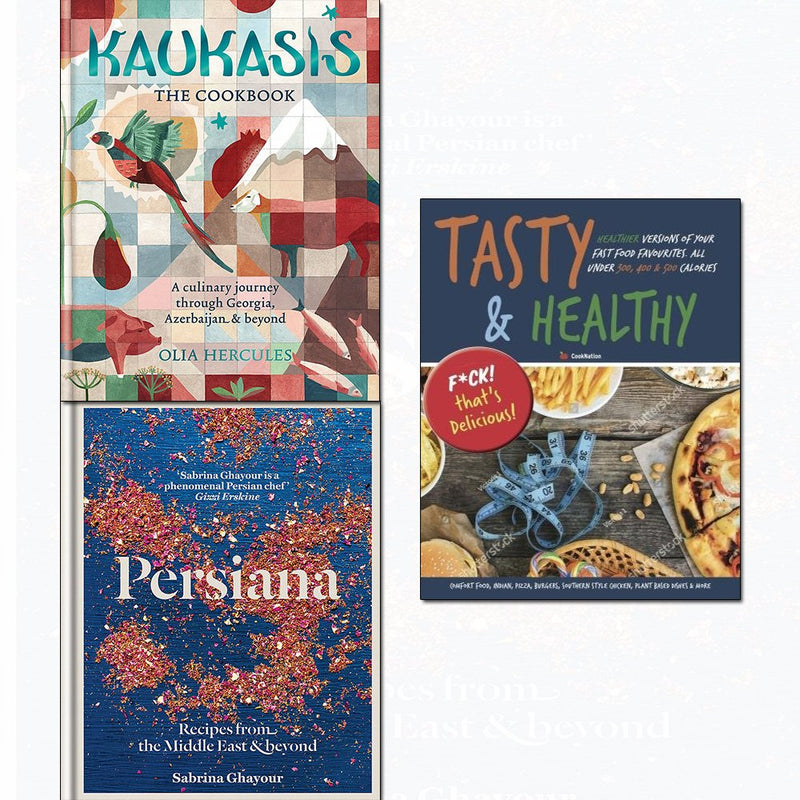 Set of three Kaukasis cookbook collection books by Sabrina Ghayour, featuring recipes for tasty and healthy dishes, published by Mitchell Beazley.