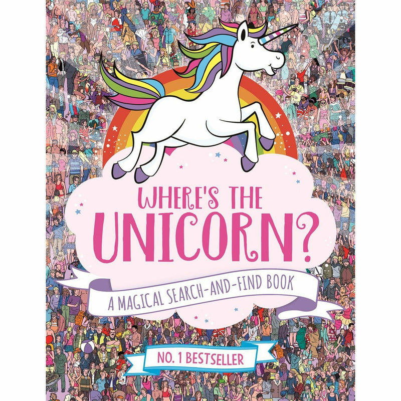 Children's search and find book titled "Where's the Unicorn?" by Sophie Schrey & Jonny Marx, featuring colorful unicorn illustrations.