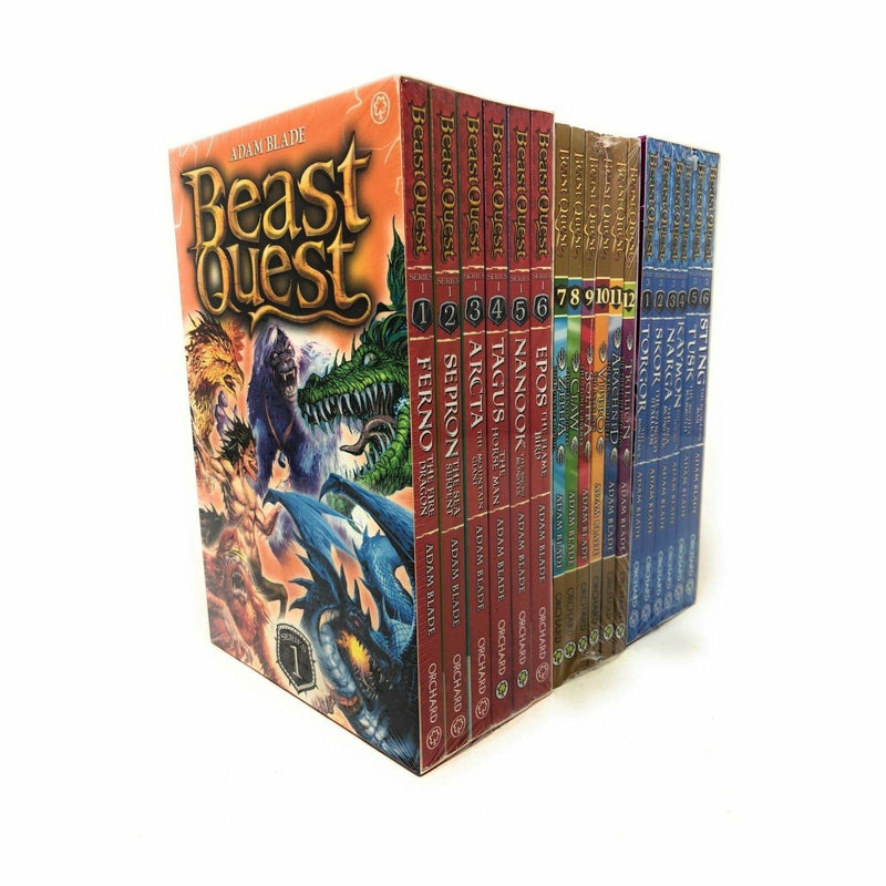 Beast Quest 18-book collection set by Adam Blade, fiction paperback series with colorful cover illustrations by Orchard Books.