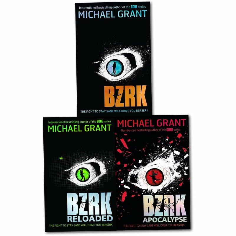 Set of three BZRK paperback books by Michael Grant featuring science fiction and dystopian themes, with colorful cover art.