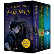 Harry Potter 3-book collection box set by J.K. Rowling, featuring paperback editions with colorful covers from Bloomsbury Children's Books.