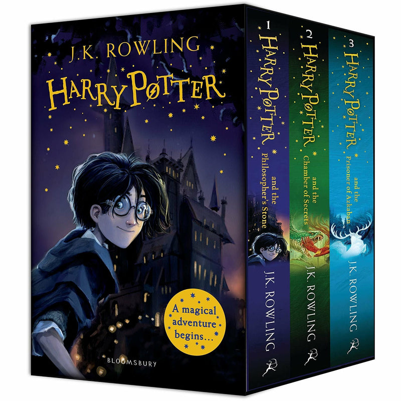 Harry Potter 3-book collection box set by J.K. Rowling, featuring paperback editions with colorful covers from Bloomsbury Children's Books.