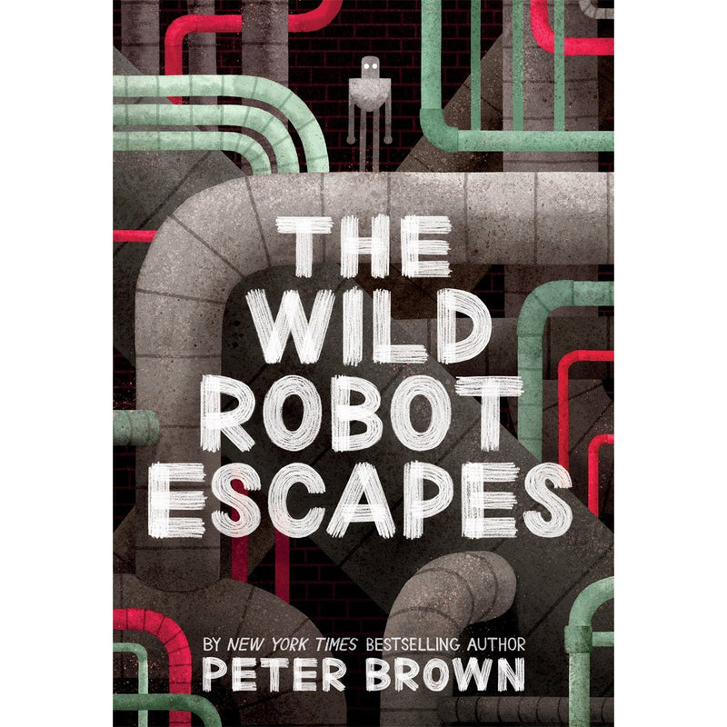 Illustration from The Wild Robot Escapes by Peter Brown, showing a robot and forest scene on a book cover.