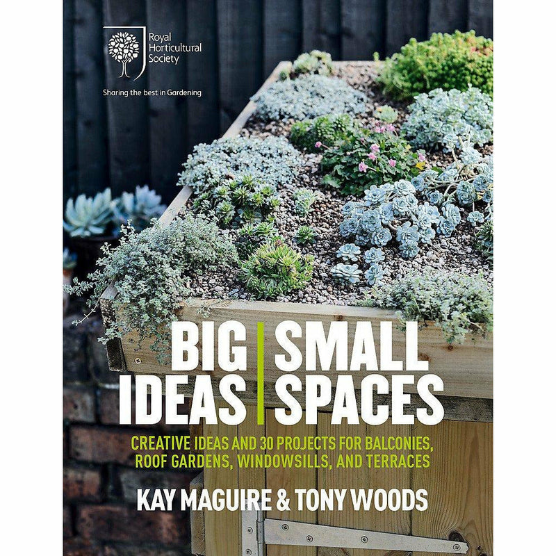 Hardcover book cover of "RHS Big Ideas, Small Spaces" by Kay Maguire, featuring a colorful balcony garden illustration.