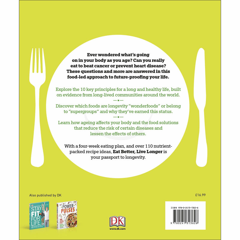Paperback book cover for "Eat Better, Live Longer" by Sarah Brewer & Juliette Kellow, focusing on health and nutrition tips.