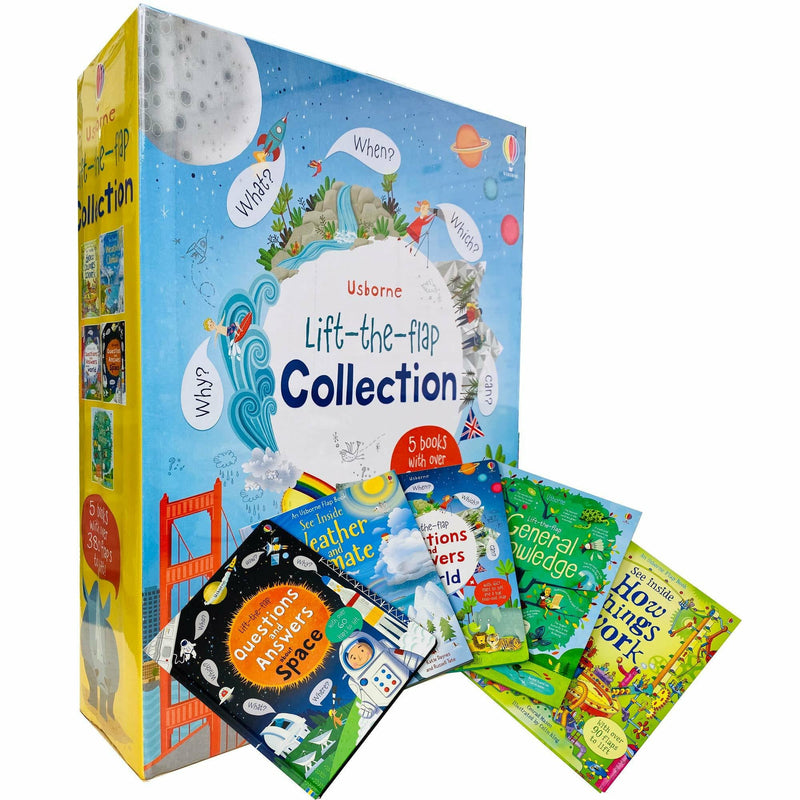 Set of five Usborne Lift-the-Flap nonfiction hardcover books by Katie Daynes, featuring colorful covers and engaging images.