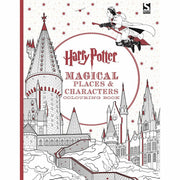 Harry Potter Magical Places and Characters colouring book by Warner Brothers, paperback with illustrated pages of wizarding scenes and characters.