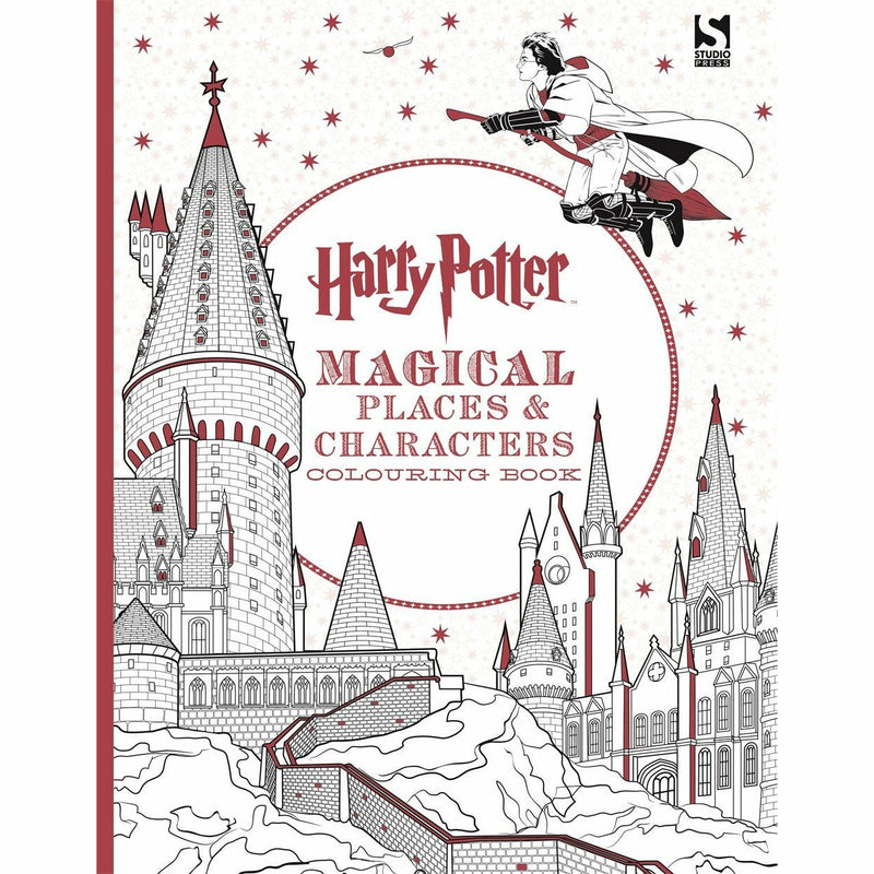Harry Potter Magical Places and Characters colouring book by Warner Brothers, paperback with illustrated pages of wizarding scenes and characters.