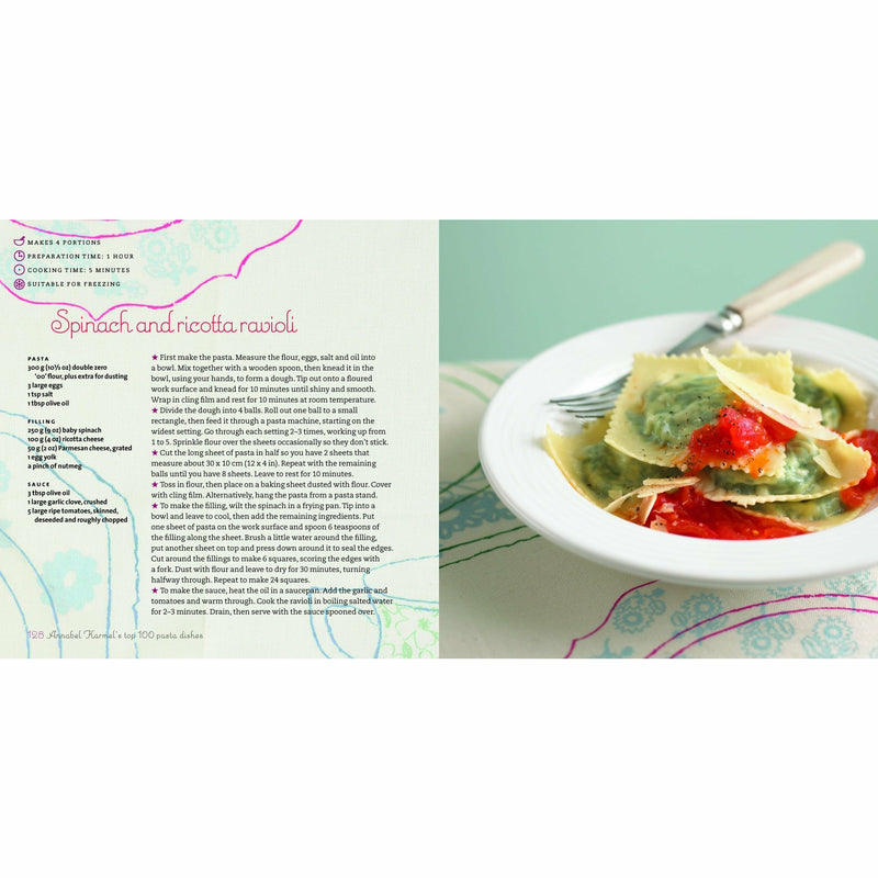 Hardcover book titled "Top 100 Pasta Dishes" by Annabel Karmel, featuring colorful pasta dishes on the cover.