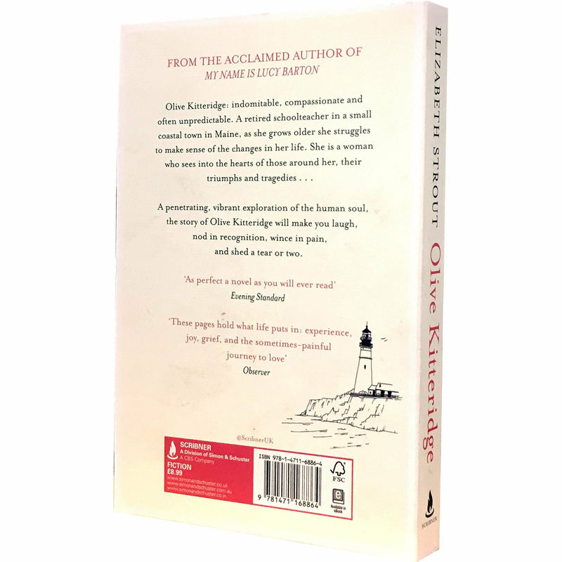 Paperback of Olive Kitteridge by Elizabeth Strout, a fiction novel published by Simon & Schuster, featuring a book cover with author’s name.