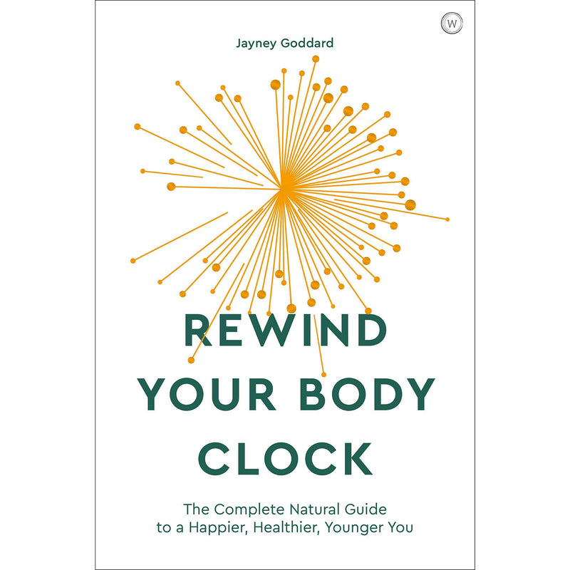 Paperback book cover for "Rewind Your Body Clock" by Jayney Goddard, published by Watkins Publishing, featuring a colorful, health-focused design.