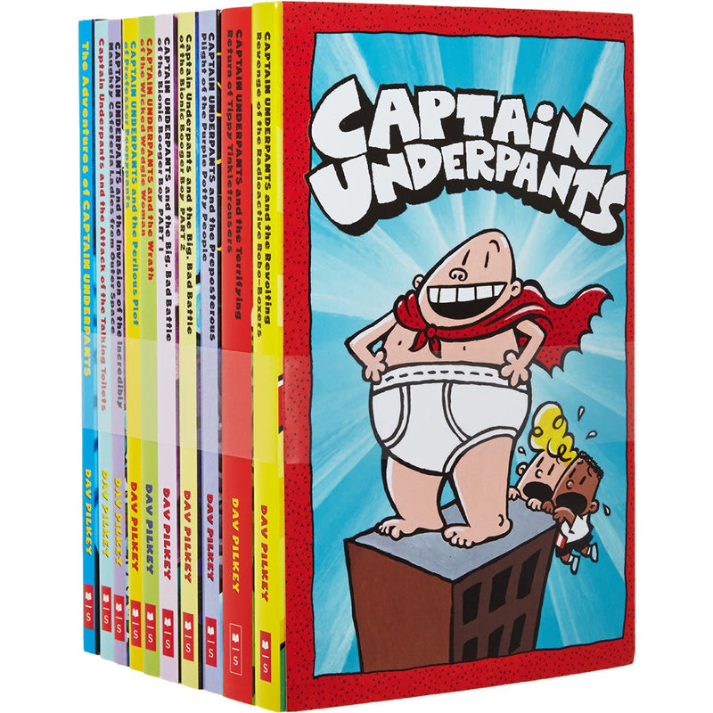Set of 10 Captain Underpants paperback books from the Dav Pilkey series, featuring colorful covers with humorous illustrations.