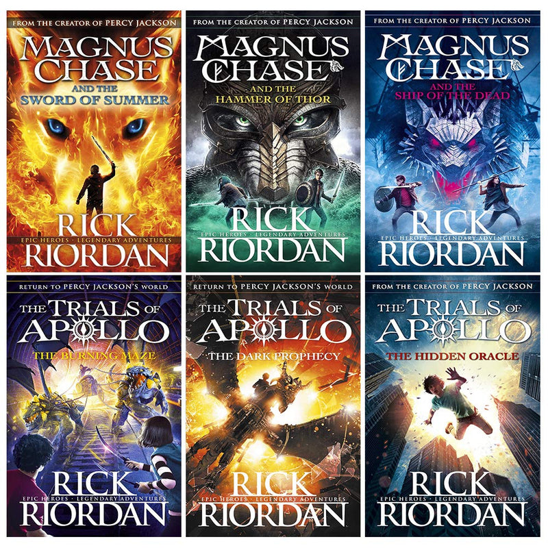 Six-book collection of Rick Riordan's Dark Prophecy, The Hidden Oracle, and Sword of Summer fantasy novels in mixed formats by Puffin.