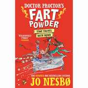 Set of four paperback fiction books from Doctor Proctor's Fart Powder series by Jo Nesbø, featuring colorful covers and playful illustrations.