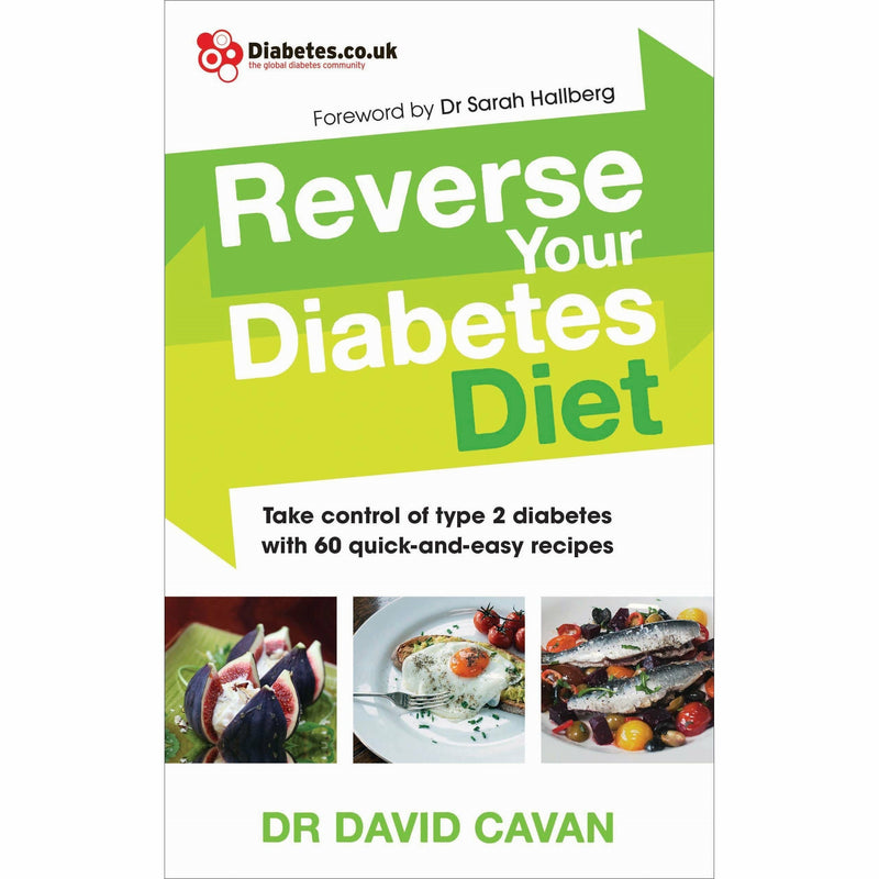 Set of three paperback books on reversing diabetes and healthy eating by Dr. David Cavan and Jenefer Roberts, with colorful covers.