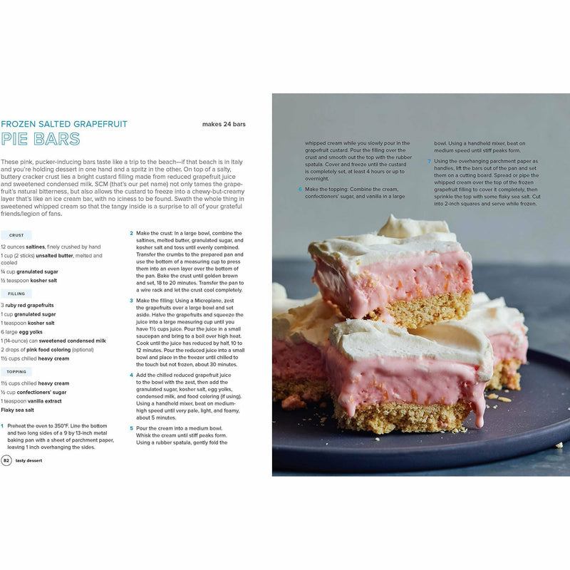 Close-up of the hardcover "Tasty Dessert" cookbook by Tasty, featuring colorful dessert images on the cover.