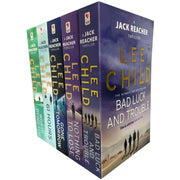 Set of five Jack Reacher series paperback books by Lee Child, fiction collection with Bantam branding, featuring cover art.