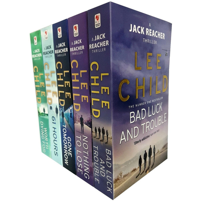 Set of five Jack Reacher series paperback books by Lee Child, fiction collection with Bantam branding, featuring cover art.