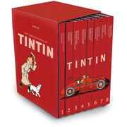 Complete Tintin collection by Hergé, 8-book box set in colorful covers, featuring iconic comic book illustrations.