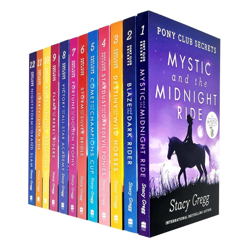 Collection of 12 Pony Club Secrets series books by Stacy Gregg, featuring colorful covers with illustrations for young horse lovers.