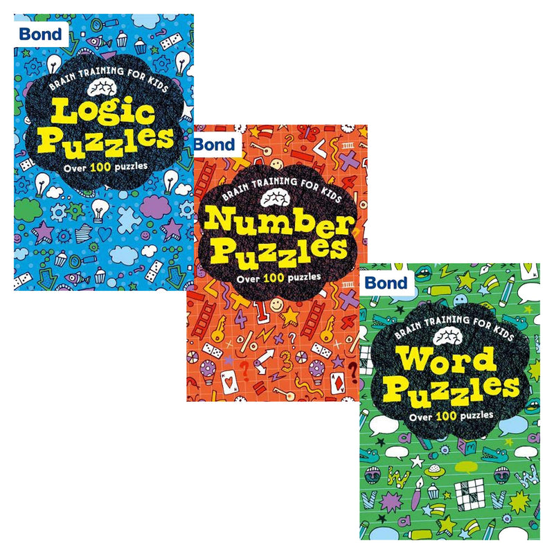 Set of three Bond Brain Training books by Michellejoy Hughes featuring number, logic, and word puzzles in paperback format.