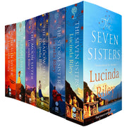 Six paperback books from Lucinda Riley's Seven Sisters series, featuring colorful covers and the author’s name on each.