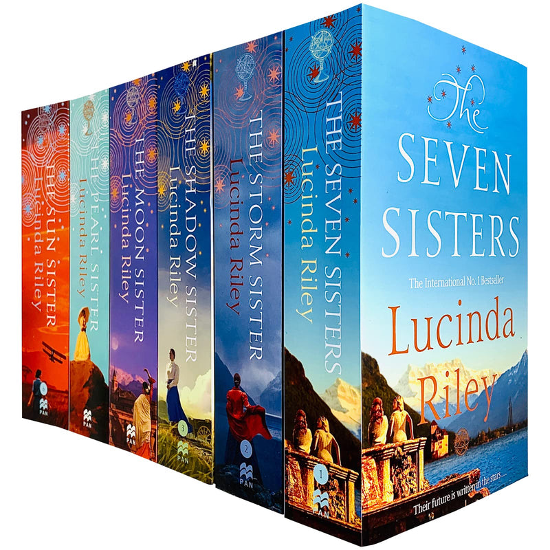 Six paperback books from Lucinda Riley's Seven Sisters series, featuring colorful covers and the author’s name on each.