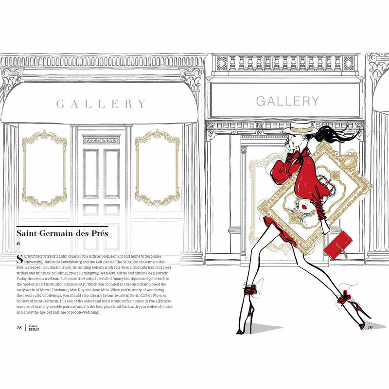 Illustrated hardcover travel guide "Paris: Through a Fashion Eye" by Megan Hess featuring elegant Parisian fashion scenes.