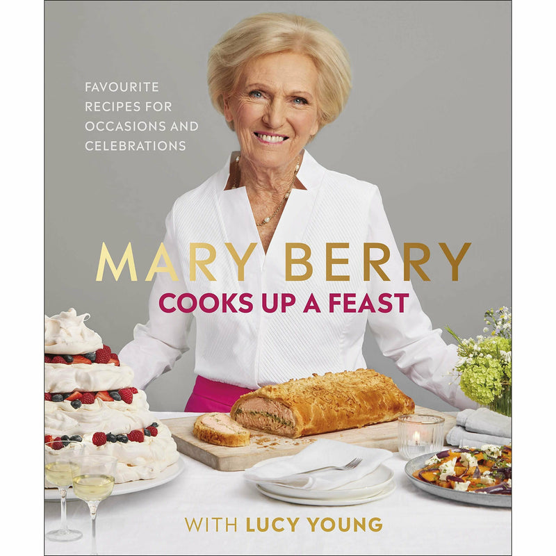 Hardcover of Mary Berry's "Cooks Up A Feast" cookbook featuring colorful recipe pages and festive meal ideas by Mary Berry.