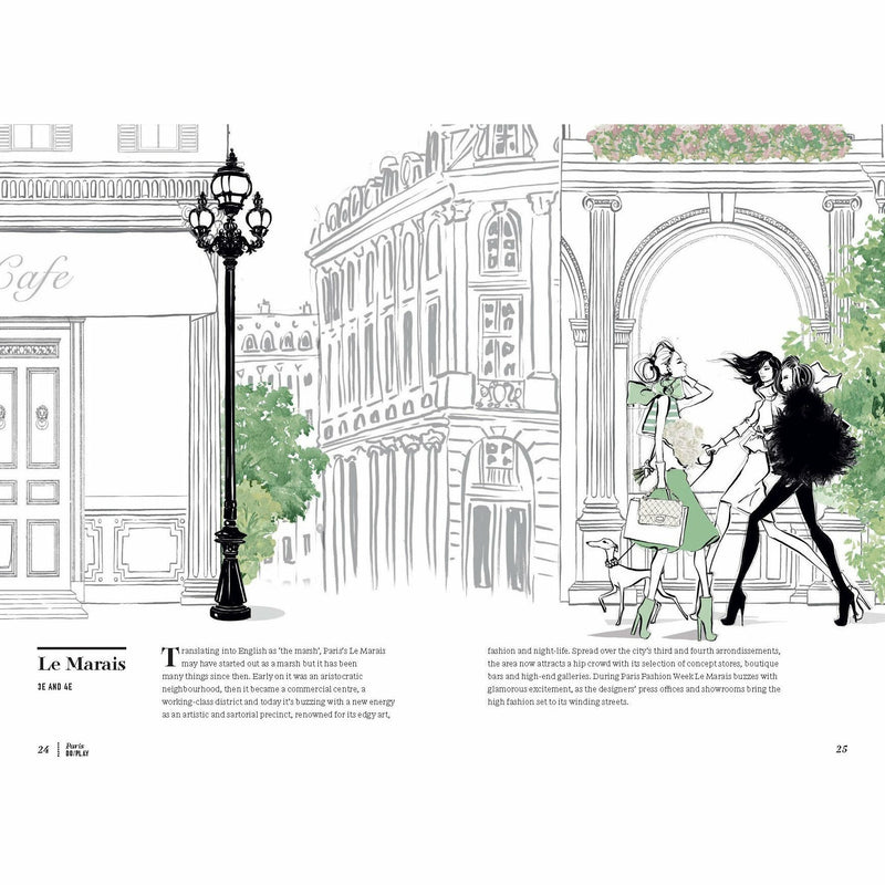 Illustrated hardcover travel guide "Paris: Through a Fashion Eye" by Megan Hess featuring fashion-inspired Parisian scenes.